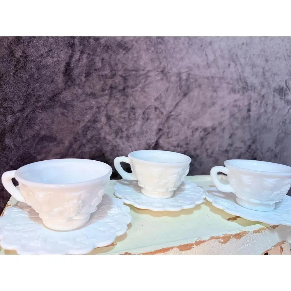 Vintage Milk Glass Teacup & Saucer Set Grapevine Relief Scalloped